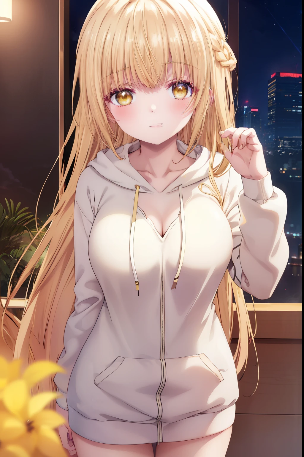 Mahiru shiina, , blonde, (Yellow Eyes:1.3)、Braided long hair,,blush,smile,night、Beautiful views, Attractive thighs、Beautiful bare legs, Naked with a sexy hoodie、Seduce by showing off your breasts、The chest is open、Full chest、I can see your Pantastar piece.:1.2), highest quality, High resolution, unity 8k wallpaper, (shape:0.8), (Beautiful and beautiful eyes:1.6), Highly detailed face, Perfect lighting, Highly detailed CG, (Perfect hands, Perfect Anatomy),