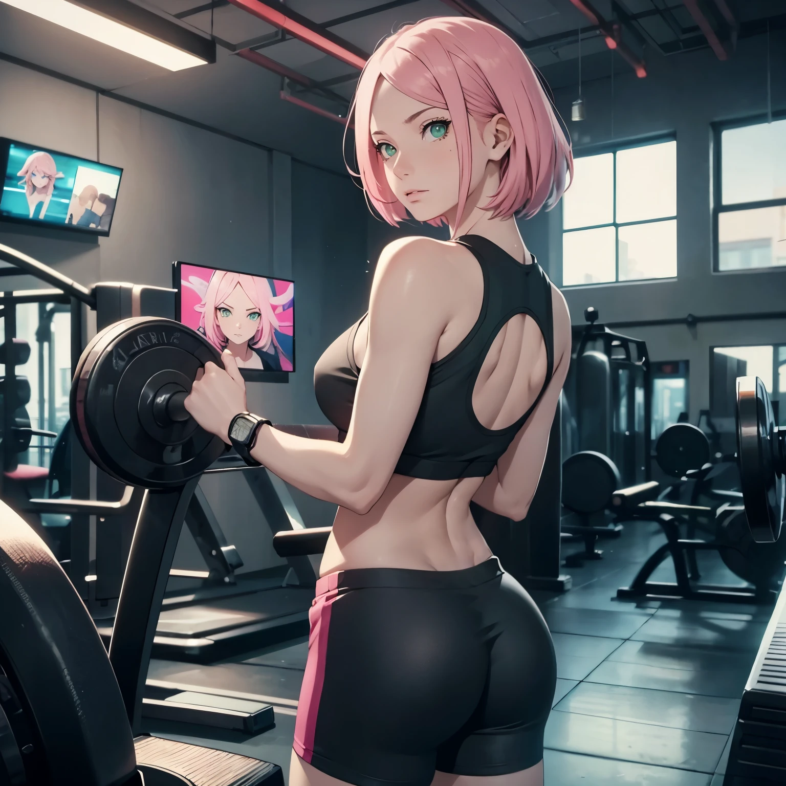 one girl, realistic face, detailed face, detailed eyes, realistic skin, pink hair, short hair, realistic eyes, green eyes, smile face, gym, sits, back, buttocks emphasis, tall legs, tight white shirt, black shorts, real photo, Reflectors, 8K masterpiece, super detail, film movie, best quality, best ditails, detailed face, from behind