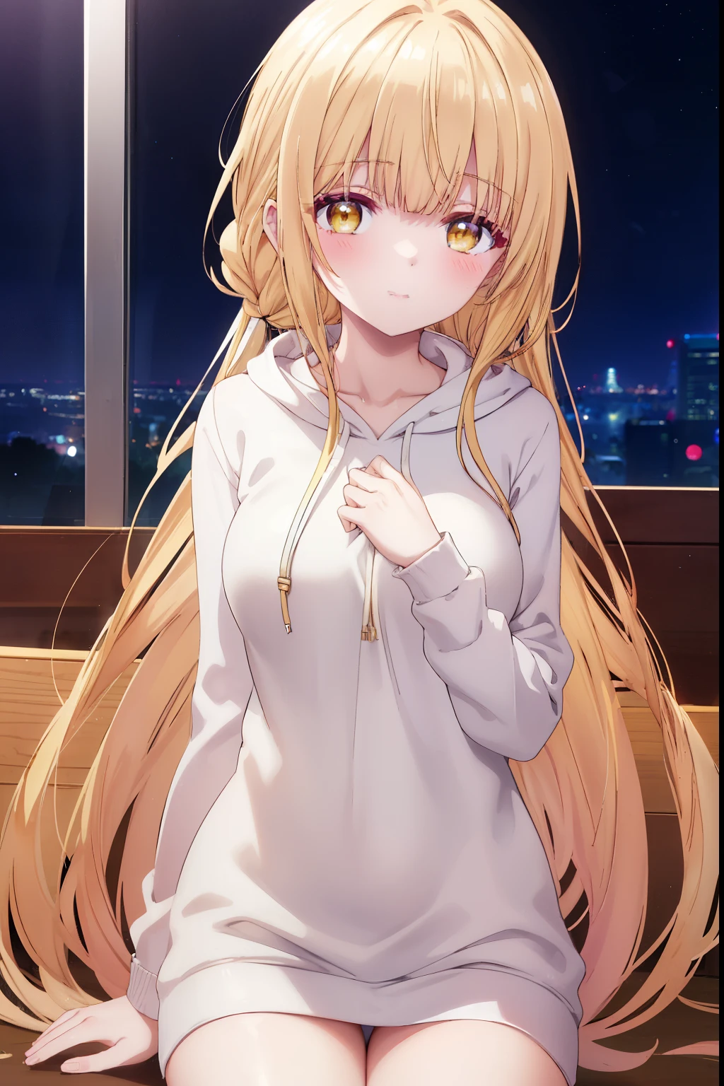 Mahiru shiina, , blonde, (Yellow Eyes:1.3)、Braided long hair,,blush,smile,night、Beautiful views, Attractive thighs、Beautiful bare legs, Naked with a sexy hoodie、Seduce by showing off your breasts、The chest is open、Full chest、I can see your Pantastar piece.:1.2), highest quality, High resolution, unity 8k wallpaper, (shape:0.8), (Beautiful and beautiful eyes:1.6), Highly detailed face, Perfect lighting, Highly detailed CG, (Perfect hands, Perfect Anatomy),