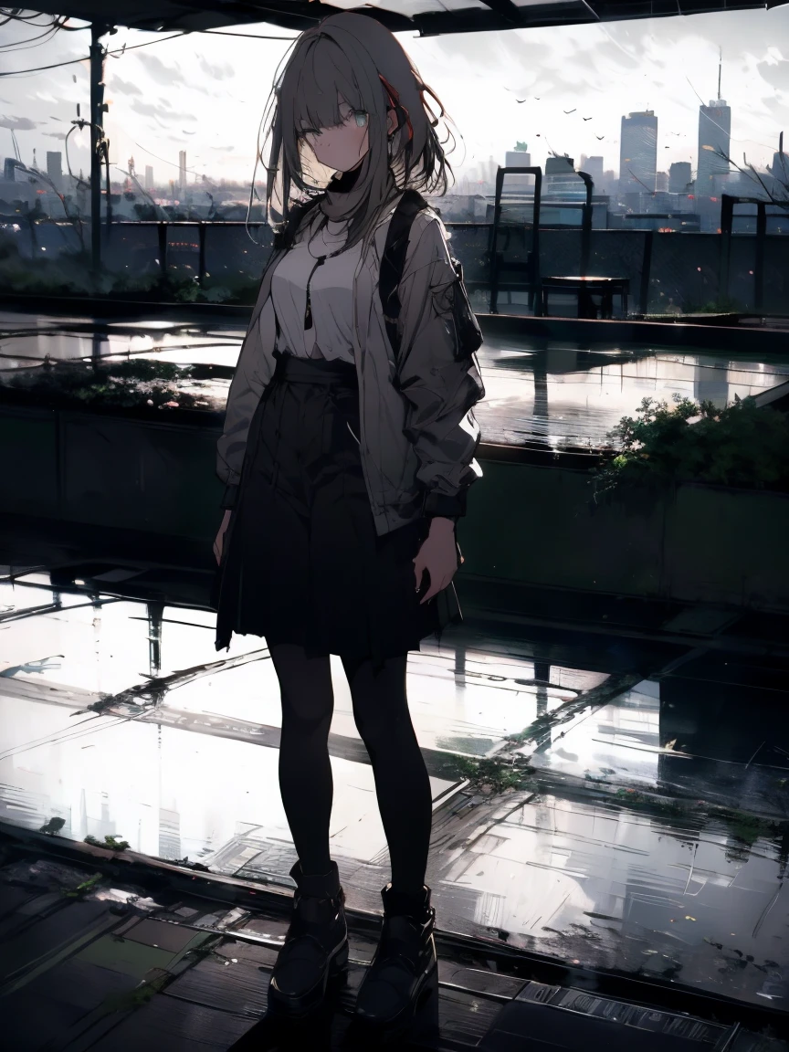 masterpiece, highest quality, High resolution, One girl, alone, bangs,
Faded tones, Monochrome, Cool girl, 長いbangs, hipster, Gray Hair, Full Body Shot, Monochrome, Detailed face, Beautiful Eyes, black, green, Large blurry background, Rooftop at dawn, Shot in the back, Looking out over the fence