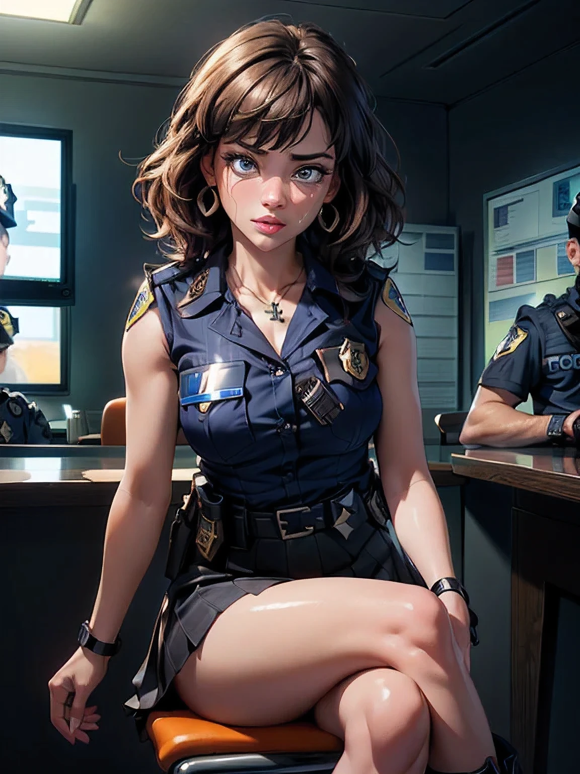 (masterpiece: 1.3), (Maximum resolution: 1.2), (Ultra HDTV: 1.2), Cinema Lighting, Ultra HDTV, (Detailed eyes and skin), (Detailed facial features), High resolution, 8k resolution, Sharp focus: 1.2, Perfect Style, Beautiful Face, Accurate, Anatomically correct, Highly detailed face and skin texture, fine grain, Dark blue eyes, double eyelid, Thin eyebrows, Glitter Eyeliner: 1.2, Natural Cheeks, Glowing Skin, Fair skin: 1.2, Shiny little necklace and earrings, (Glossy Lips: 1.4), break, First Person View,((Crying face 1.2))(She is a policewoman), (((Black watches on both wrists))),(((Wear a sleeveless button-up shirt, Ultra mini skirt, Shiny Police Belt,To the Navy, short boots))), (((Exposing your thighs))),(Captivating smile: 1.2), (look at me), ((Pure and cute girl:1.2)), (Layered Hairstyles, Wavy Hair, Light brown hair, Diagonal bangs), Medium Long Hair, (Full Body Shot: 1.2), Focus on the face, ((Very close relationship: 1.2)), (Medium large breasts), (((Inside the police station: 1.6))), ((sit cross-legged on a chair:1.4)), from before,