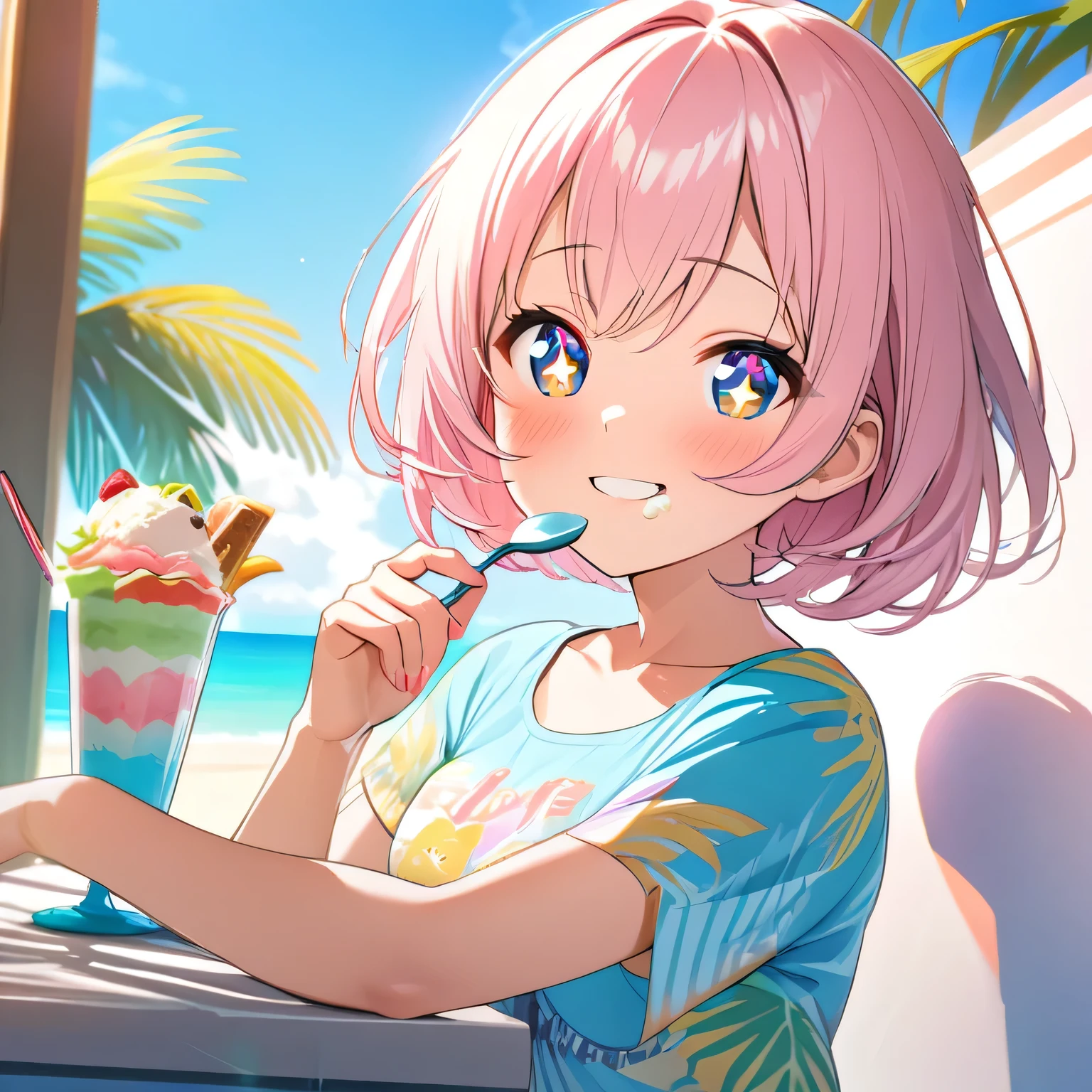 anime girl,eating ice cream,wearing a fox t-shirt,short hair,ultra HD,high detail,,playful glance,vivid colors,lively background,soft lighting,joyful expression,spoon in hand,cool summer vibes,cute smile,pink blush,delicate highlights,fine brushstrokes,sparkling eyes,tropical palm trees,artistic composition,sweet treat,frozen dessert,expressive face,refreshing indulgence,dynamic pose,