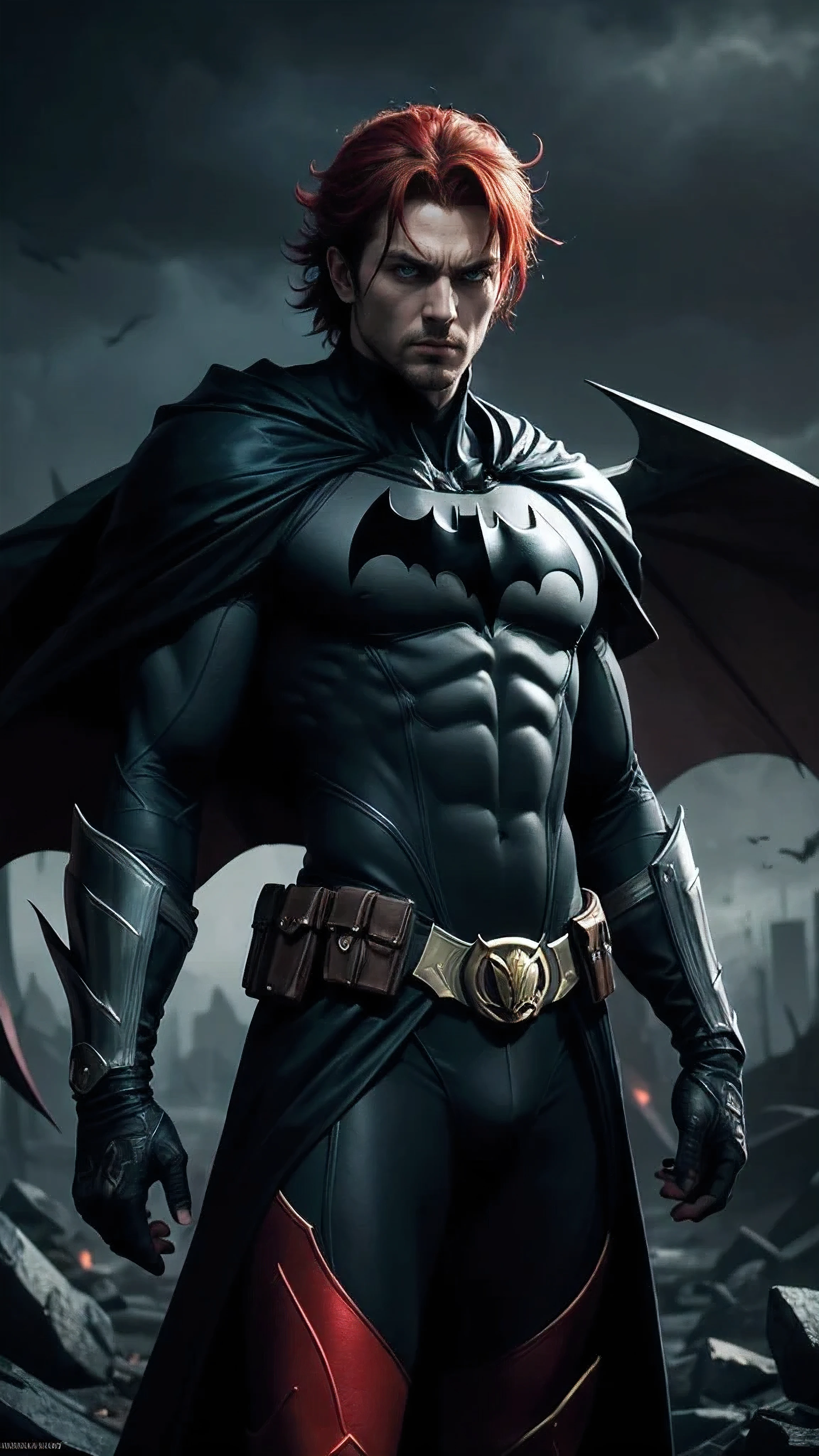 An 64k masterpiece, highest resolution, every detail, meticulous detail, depth of field, bright colors, beautiful composition: stunning take on an anime character BATMAN with brilliant red hair and beautifully detailed glowing eyes, standing against a dark and ominous background. This handsome demon slayer is the epitome of bad guys in the world of fantasy art. UHD VERY SHARP FOCUS
