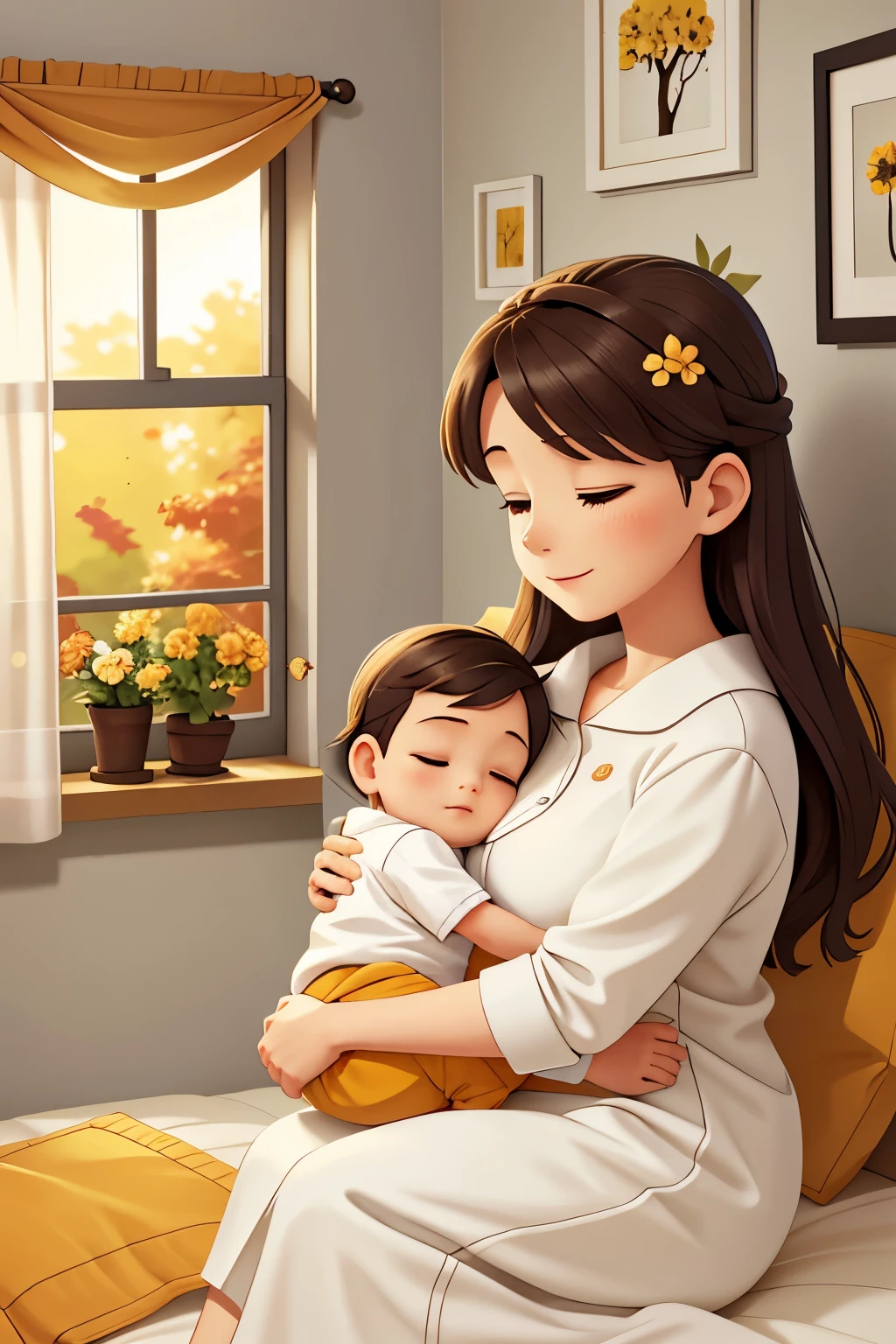 Mother holding baby sleeping，Sleep soundly，comfortable room，White bed sheets，Pictures of the family hanging on the wall，Flower pattern on the wall，The sky is clear outside the window，You can see the leaves of the trees turning yellow in autumn.