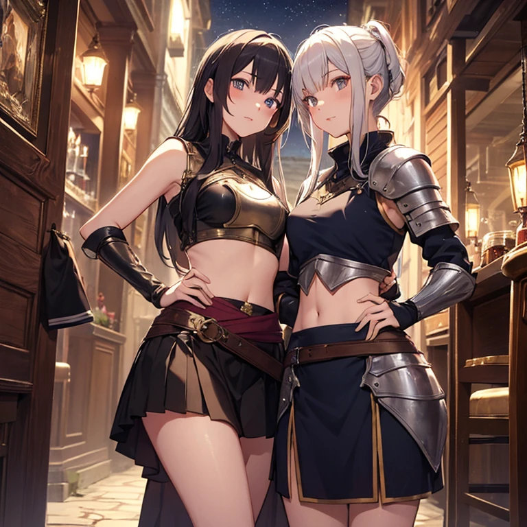 A group of  female medieval fantasy adventurers, (in tavern), various hair styles, harem, night, details face, short skirt, seducing, sleeveless, armor, midriff 