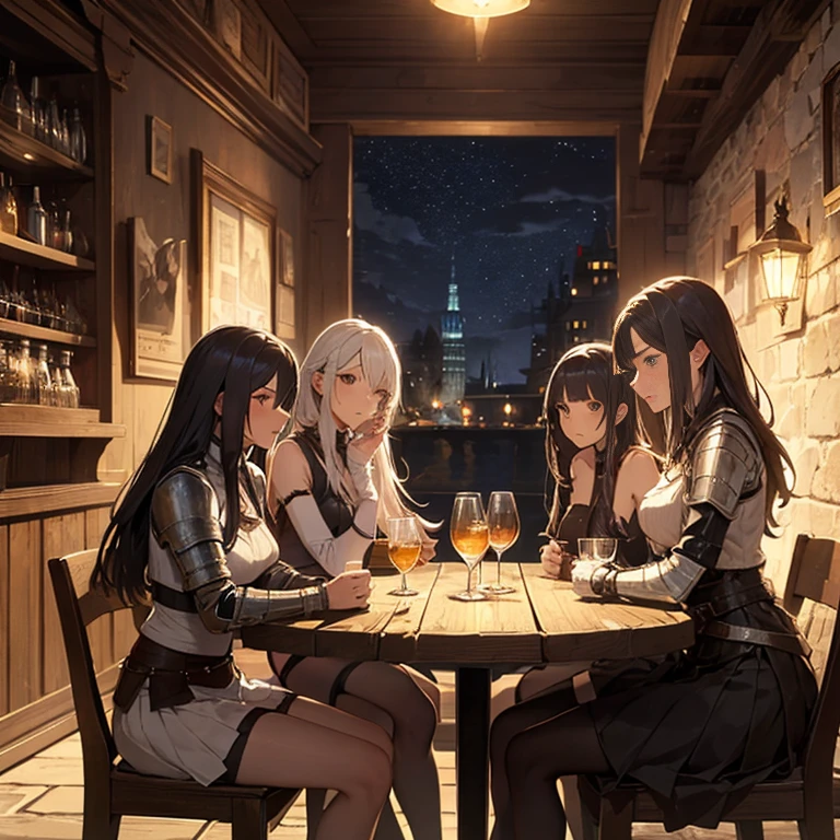 A group of female medieval fantasy adventurers, (in tavern), various hair styles, harem, night, details face, short skirt, seducing, sleeveless, armor