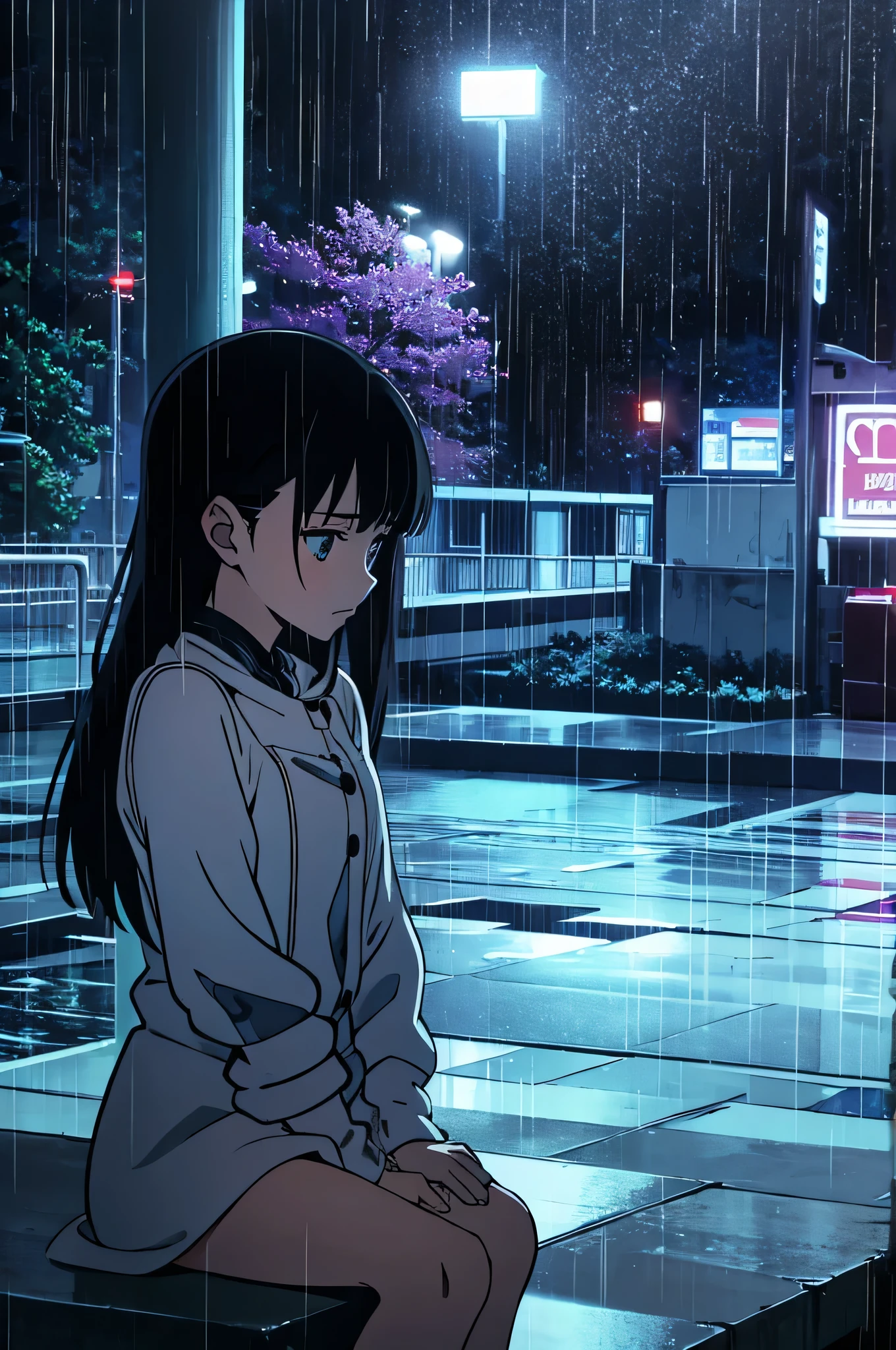 anime album cover, 1girl sad, dealing with loss, sitting in the rain