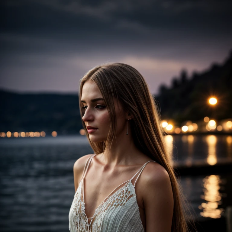 best quality, ultra-detailed, an extremely delicate and beautiful, depth of field, ultra high res, (photorealistic:1.4), 1 woman, long hair, casual wear, cute, lakeside, (night:1.5)