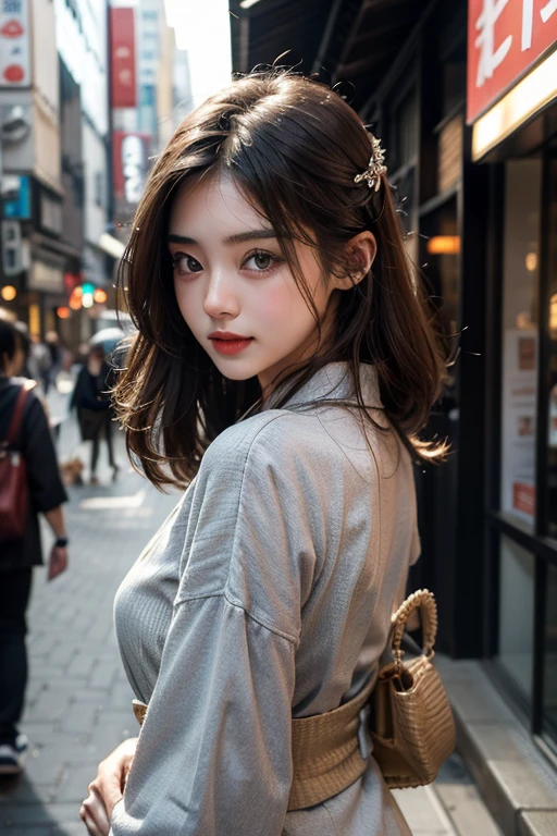masterpiece、8K、32K、top-quality、(A detailed eye)、(A cute Japanese woman、bangss)、18years old、1 girl in、elegent、(Detailed background depiction)、look back、Cheerful, modern kimono fashion 、clear、whole body、Ginza street
