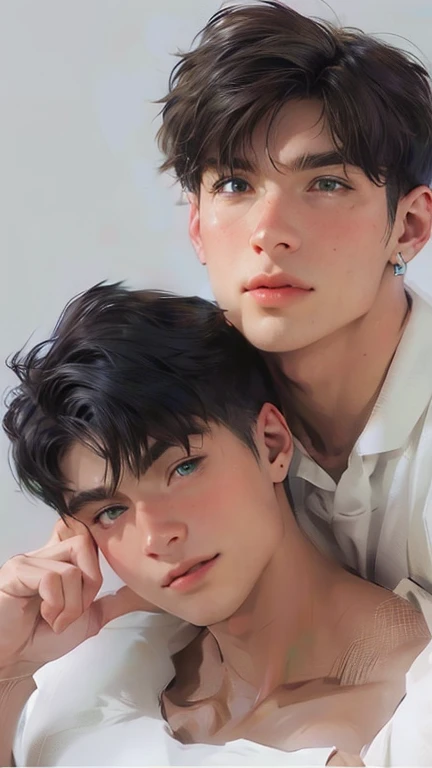 There are two cute  boys, they are a couple, white hair, green eyes, they are talking lovingly, they open their mouths, one tells a story to the other.