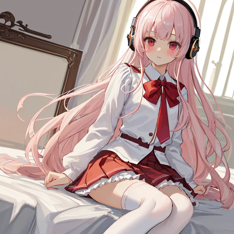 (8k、highest quality、masterpiece:1.2)、Illustration touch、Ultra-detailed、Super A High Resolution、Light pink hair、long hair、Headphones、Woman in uniform、High 、White long sleeve blouse、Frilled blouse、The top button is fastened、The red ribbon is tied tightly、Red ribbon tie、navy blue sweater vest、Red Check Skirt、Red Check Skirt、mini skirt、White knee socks、Long white socks、delicate、Sitting duck-style on the bed、White panties、(School uniform:1.4)、Blushing