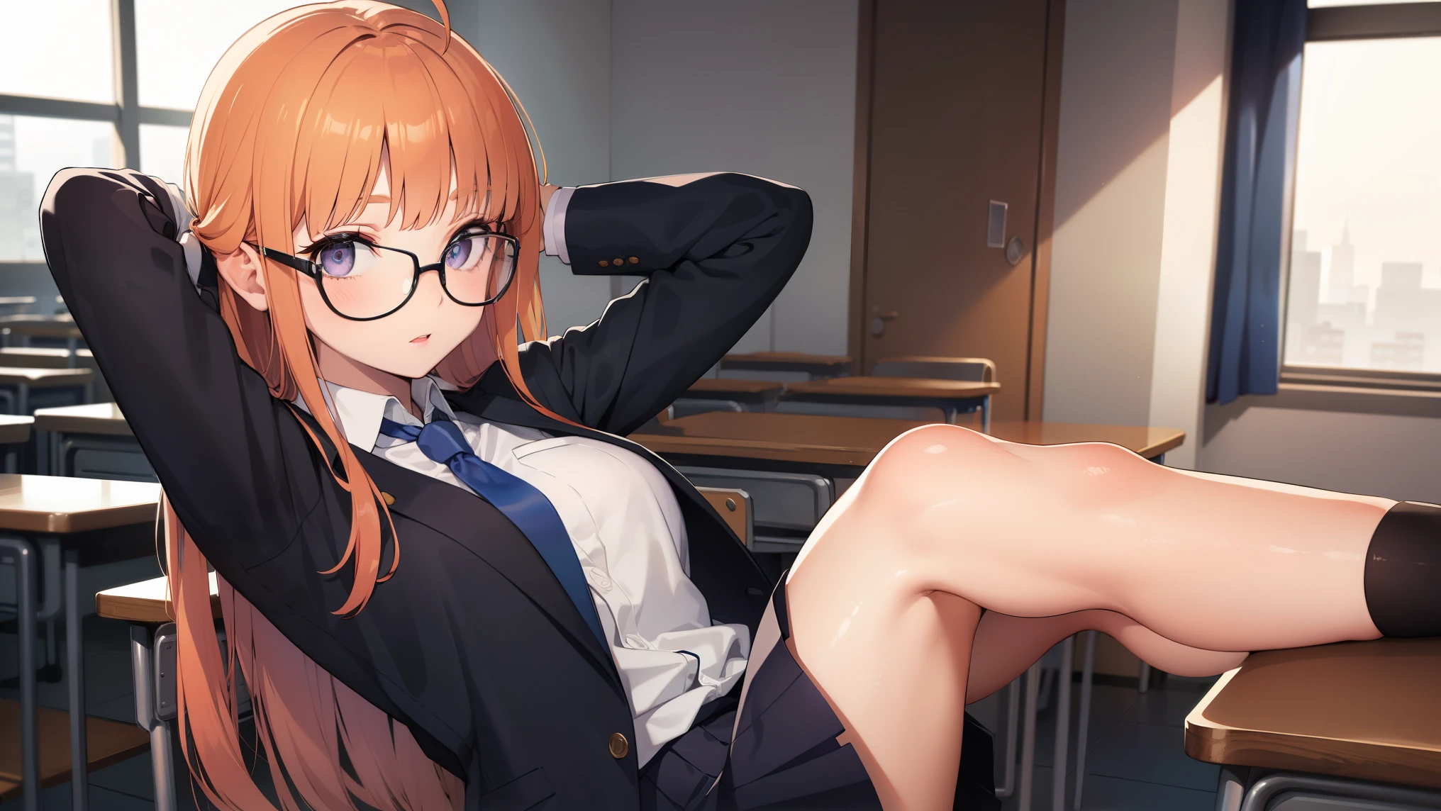 futabasakura, futaba sakura, orange hair, glasses, long hair, (purple eyes:1.1), ahoge,
BREAK (school uniform, shirt, skirt, jacket, necktie:1.2),
BREAK folds hands behind head,open legs,
BREAK indoors, classroom,
BREAK (masterpiece:1.2), best quality, high resolution, unity 8k wallpaper, (illustration:0.8), (beautiful detailed eyes:1.6), extremely detailed face, perfect lighting, extremely detailed CG, (perfect hands, perfect anatomy),