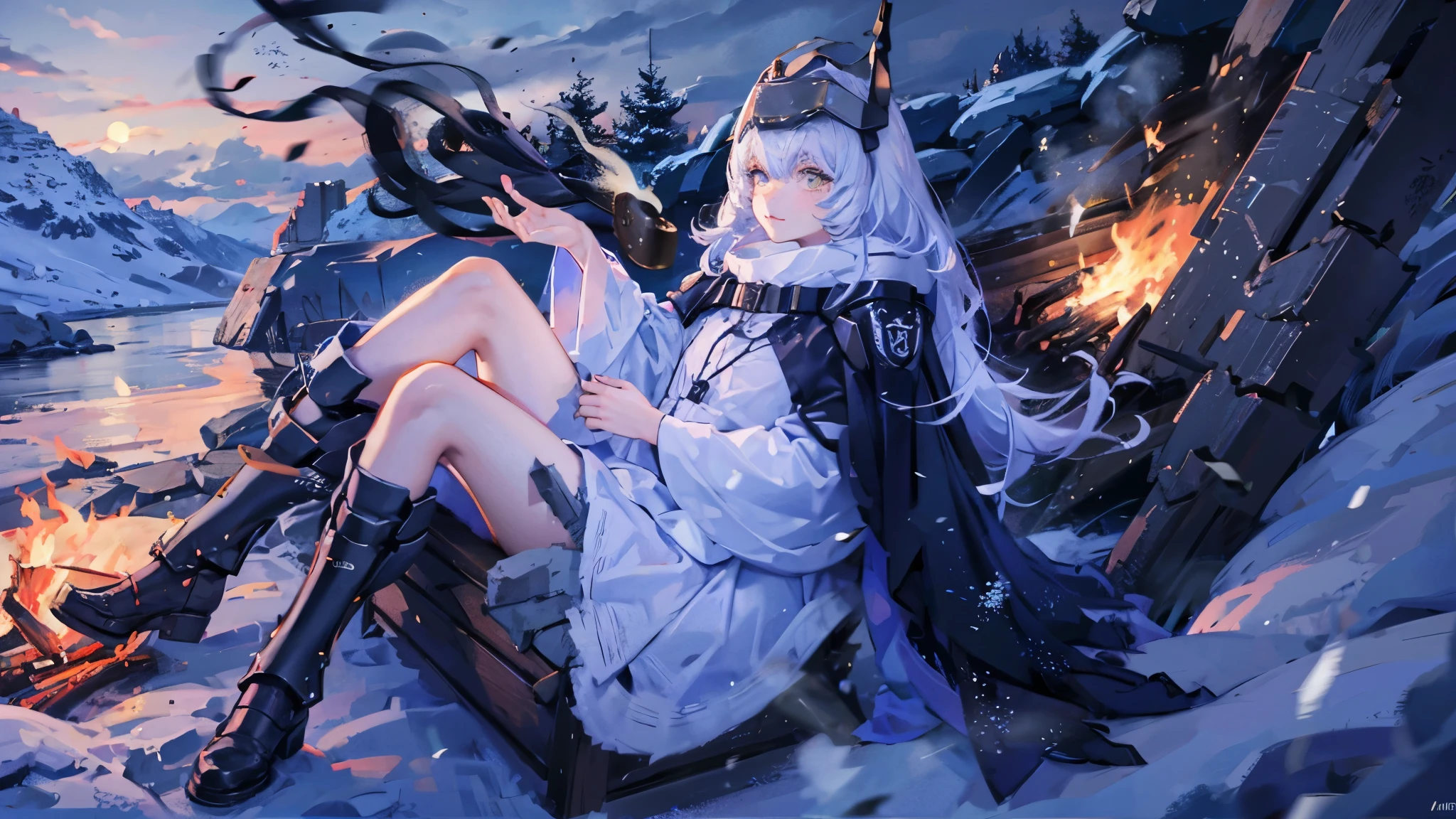 top quality , best quality , detailed face ,detailed hand , detailed legs , detailed human body, not flashy , cute ,yellow eyes, white hair, long hair, headgear, mechanical boots, cloak, bare legs, single pauldron,furry,wolf,white,eating baked potatoes, sitting, camping, bonfire, night, blue atmosphere, illuminated by fire, rifle on floor , 1person , solo, Configuration seen from above,Wallpapers,Sea of ​​stars, winter,