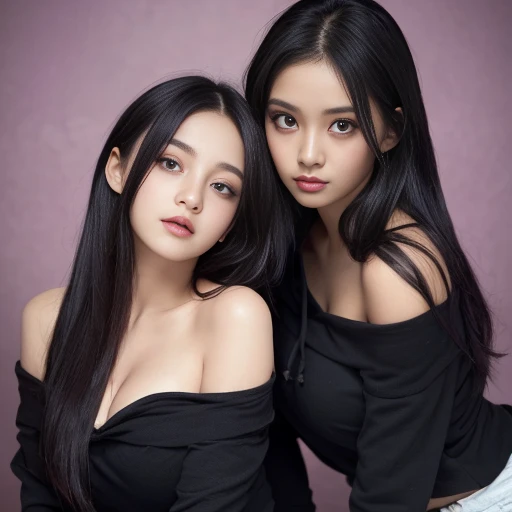 off shoulder, (twins womans) , deep cleavage, long hair, black hoodie style, wrapped in dirty rags , black shirt, purple haired , big boob, absurd, beautiful face , beautiful eyes, perfext body. Full body shoot , sitting , happy , squirt , indonesian , bedroom background