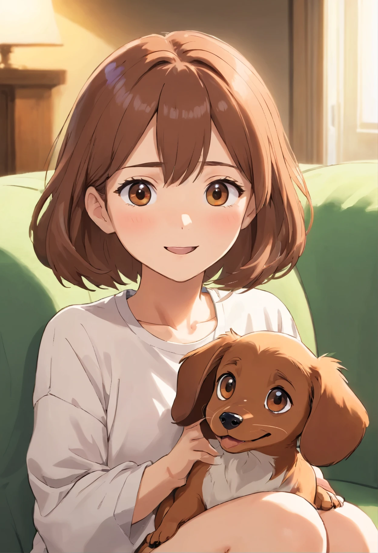 (The whole body is brown, but the hair on the chest is white and impressive.:1.8),Brown miniature dachshund, (Black eyes and nose the nose is fresh and shiny), ((Sitting on the sofa, whole body looking at the camera)), Looks like a lot of fun Sparkling eyes, Open your mouth excitedly, biologically correct,