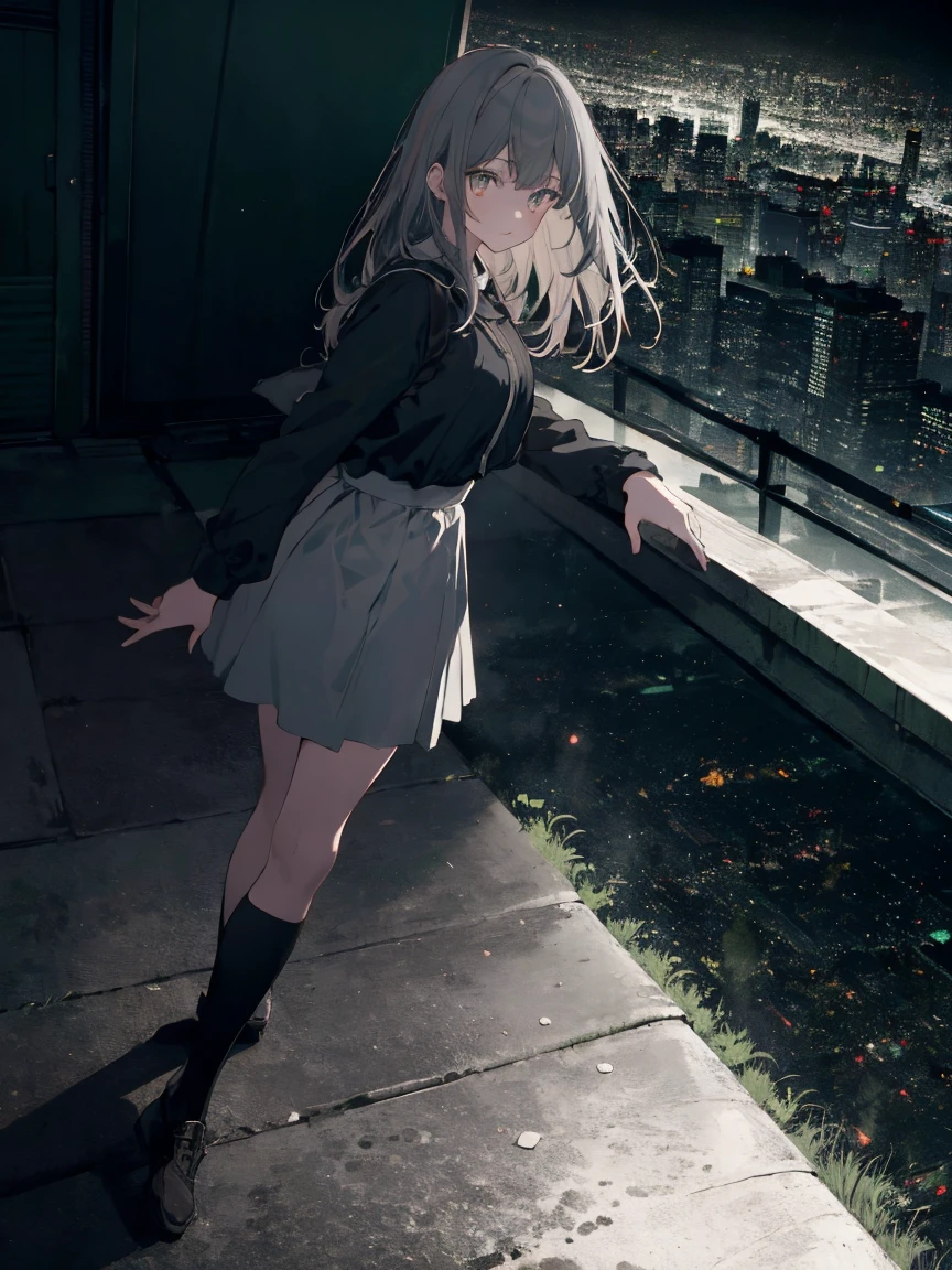 masterpiece, highest quality, High resolution, One girl, alone, bangs， Faded tones, Monochrome, Cool girl, 長いbangs, hipster, Gray Hair, Full Body Shot, Monochrome, Detailed face, Beautiful Eyes, black, green, Large blurry background, Rooftop at dawn, Shot in the back, Looking out over the fence