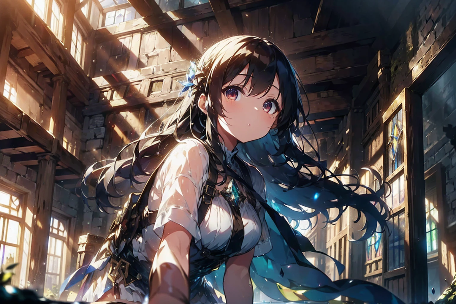Dilapidated stone building, light shines through((Very high ceiling:1.3)), (adventure少女:1.3)A puddle at the feet of,Adult women, 4k, uhd, highest quality, ((Stained glass:1.3)), moss, Wide angle, Wide view, (((Mature look:1.3))), ((Cinematic Pose)), (adventure), Wide angle of view, adventureのワンシーン, search, Adventure, ((from below)), ((force))
