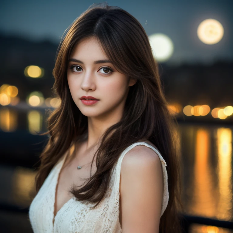 best quality, ultra-detailed, an extremely delicate and beautiful, depth of field, ultra high res, (photorealistic:1.4), 1 woman, long hair, casual wear, cute, lakeside, (night:1.5)