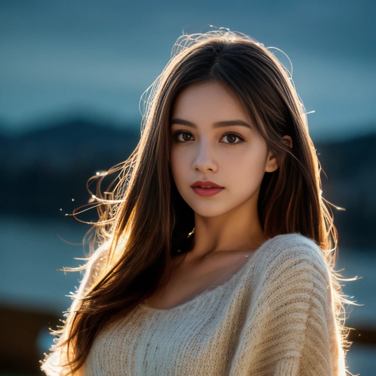 best quality, ultra-detailed, an extremely delicate and beautiful, depth of field, ultra high res, (photorealistic:1.4), 1 woman, long hair, casual wear, cute, lakeside, (night:1.5)