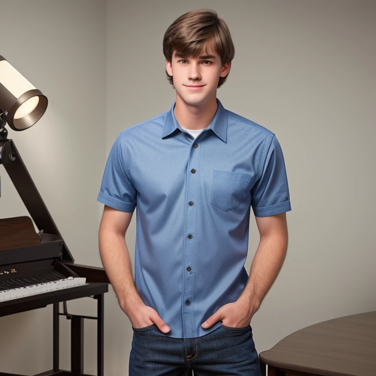high quality, twenty year old caucasian man, short trimmed dark brown hair, bangs combed back, 1990s prep school, photorealistic, realistic, photorealism, indoor, photo studio, natural light
