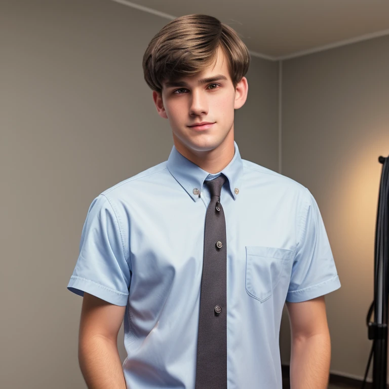 high quality, twenty year old caucasian man, short trimmed dark brown hair, bangs combed back, 1990s prep school, photorealistic, realistic, photorealism, indoor, photo studio, natural light