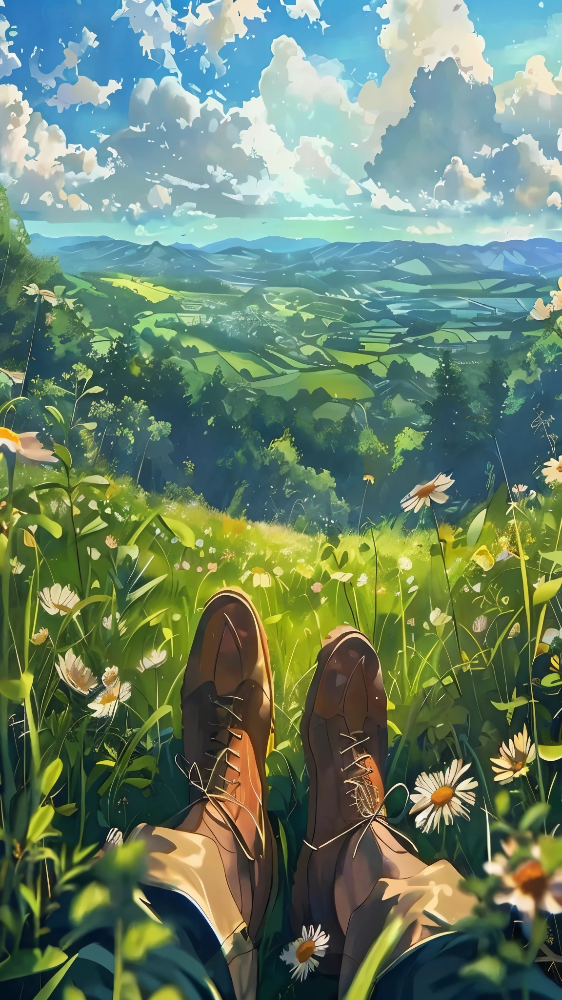 someone's feet in the grass with flowers and a view of a valley, anime countryside landscape, beautiful anime scene, ( ( makoto shinkai ) ), anime background art, beautiful anime scenery, anime nature wallpap, by makoto shinkai, by Makoto Shinkai, makoto shinkai cyril rolando, anime nature, anime beautiful peace scene