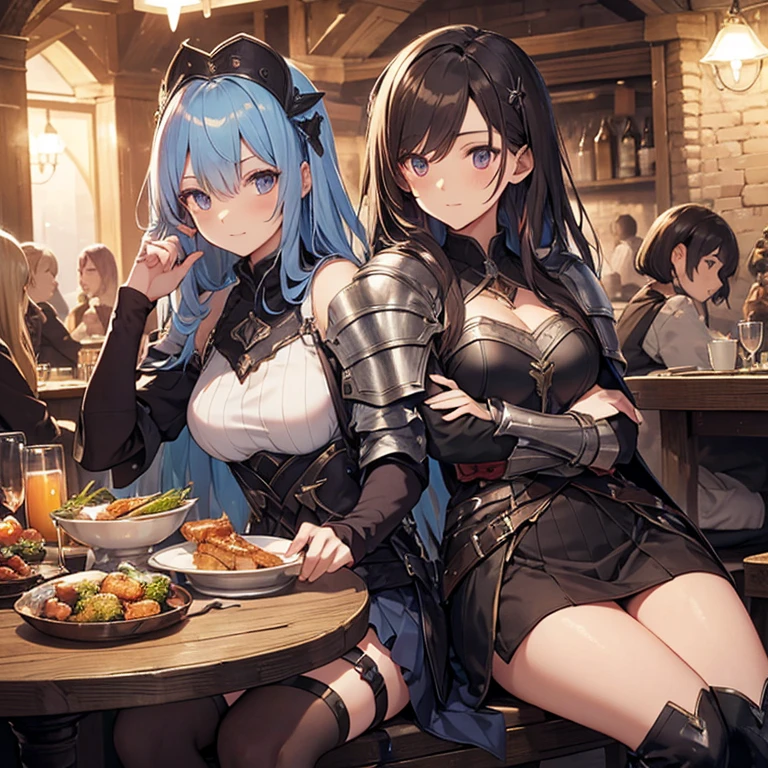 A group of female medieval fantasy adventurers, (in tavern), various hair styles, harem, night, details face, short skirt, seducing, sleeveless, armor