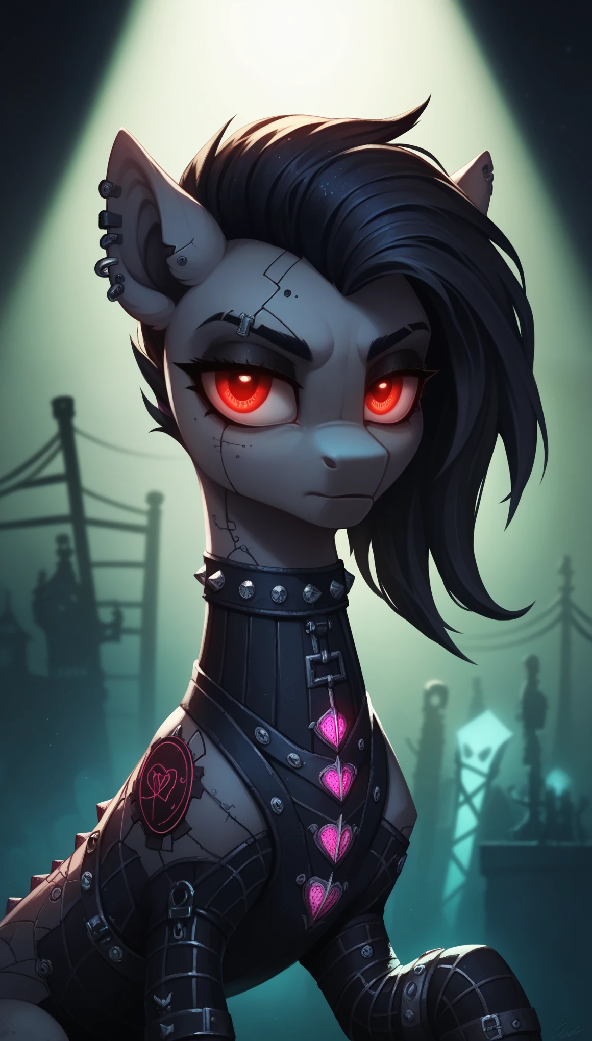 score_9,score_8_up,score_7_up,score_6_up, Gothic pony, cybergoth fashion, glowing backlight, club scene, glitter, whimsical, enchanted, magical, fantasy art concept, intricate details,