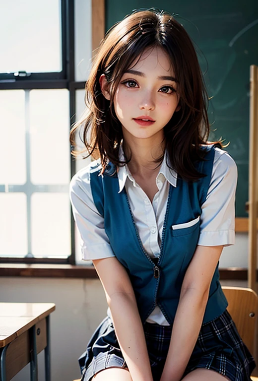 (((medium hair))), best quality, 8K, HDR, highres, absurdres:1.2, blurry background, bokeh:1.2, Photography, (RAW photo:1.2), (photorealistic:1.4), (masterpiece:1.3), (intricate details:1.2), 1girl, solo, japanese girl, delicate, beautiful detailed, (detailed eyes), (detailed facial features), , (((small breasts))), skin tight, (looking_at_viewer), from_front, (skinny), (best quality:1.4), (ultra highres:1.2), cinema light, (extreme detailed illustration), (lipgloss, best quality, ultra highres, depth of field, caustics, Broad lighting, natural shading, 85mm, f/1.4, ISO 200, 1/160s:0.75),1girl, solo, (((blue vest))) smile, ((school uniform, pleated  skirt with checker pattern, classroom))