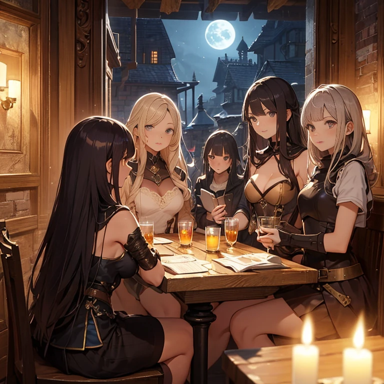 A group of  female medieval fantasy adventurers, (in tavern), various hair styles, harem, night, details face, short skirt, seducing, sleeveless, armor 