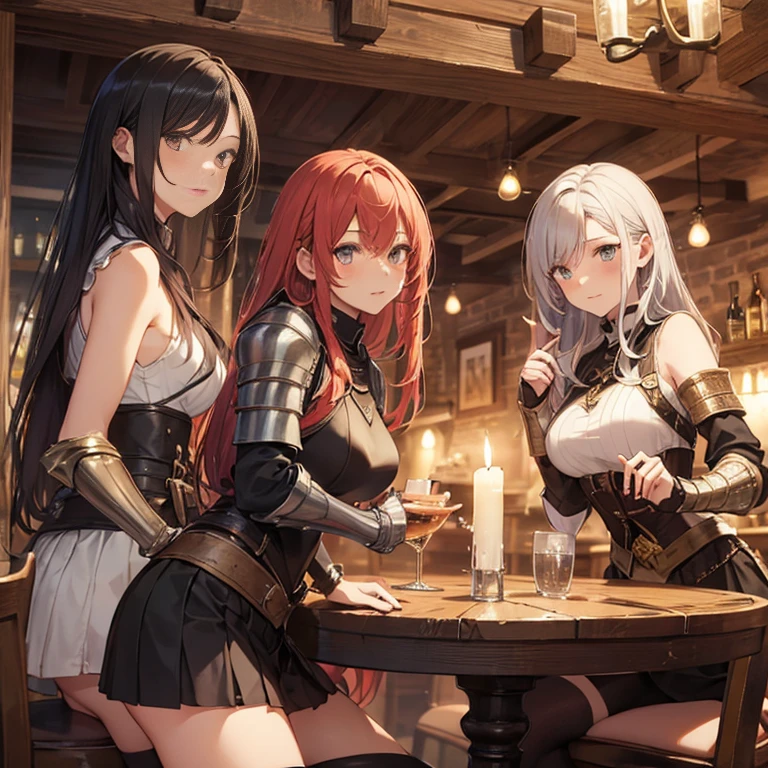 A group of female medieval fantasy adventurers, (in tavern), various hair styles, harem, night, details face, short skirt, seducing, sleeveless, armor