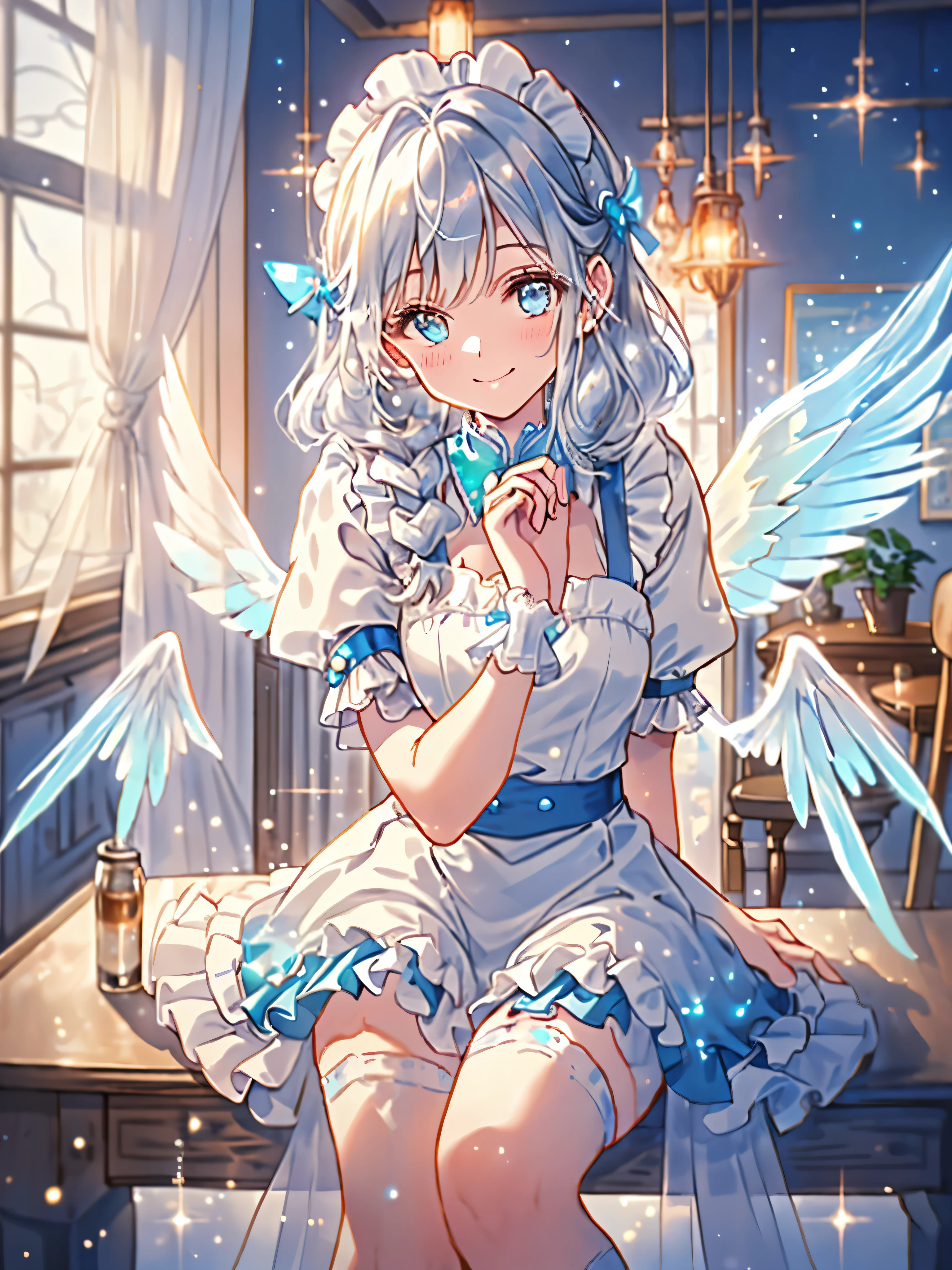 A young girl with sparkling round blue eyes, smiling expression, soft and gentle aura, anime style. Full body. She wears a fluffy, elaborate, cute maid outfit in blue, decorated with delicate, detailed ribbons and lace. Her hair is wavy silver with light blue mesh, and she wears a headpiece that matches her outfit. She has translucent light blue angel wings that give her a fantastic aura. The background is a warm coffee shop interior filled with sparkling dust and soft glowing light, adding to the fantastic, dreamlike atmosphere. (( Clean line drawing with high detail, top quality, top quality ))