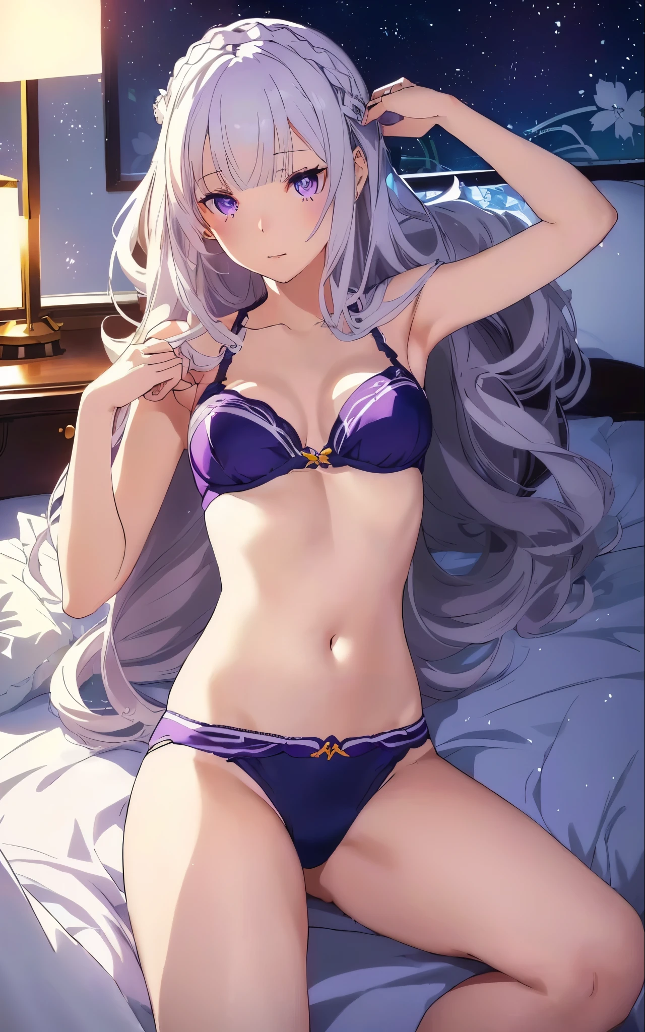 Emilia re:zero, purple eyes, Emilia, crown braid, x hair ornament, flower hair ornament, white hair, long hair, medium breasts, a woman in a bikini sitting on a bed in a room, seductive anime girl, beautiful alluring anime woman, beautiful alluring anime teen, beautiful anime girl, perfect white haired girl, beautiful anime woman, attractive anime girl, , (anime girl), pretty anime girl, anime girl, anime girl with long hair, extremely detailed artgerm