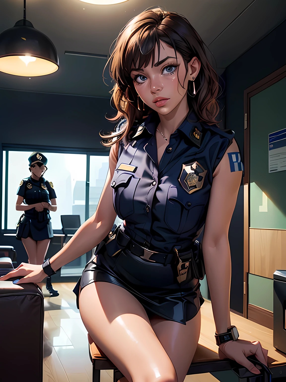 (masterpiece: 1.3), (Maximum resolution: 1.2), (Ultra HDTV: 1.2), Cinema Lighting, Ultra HDTV, (Detailed eyes and skin), (Detailed facial features), High resolution, 8k resolution, Sharp focus: 1.2, Perfect Style, Beautiful Face, Accurate, Anatomically correct, Highly detailed face and skin texture, fine grain, Dark blue eyes, double eyelid, Thin eyebrows, Glitter Eyeliner: 1.2, Natural Cheeks, Glowing Skin, Fair skin: 1.2, Shiny little necklace and earrings, (Glossy Lips: 1.4), break, First Person View,((Crying hard:1.3))(She is a policewoman), (((Black watches on both wrists))),(((Wear a sleeveless button-up shirt, Ultra mini skirt, Shiny Police Belt,To the Navy, short boots))), (((Exposing your thighs))),(Captivating smile: 1.2), (look at me), ((Pure and cute girl:1.2)), (Layered Hairstyles, Wavy Hair, Light brown hair, Diagonal bangs), Medium Long Hair, (Full Body Shot: 1.2), Focus on the face, ((Very close relationship: 1.2)), (Medium large breasts), (((In a private room at the police station: 1.6))), ((sit cross-legged on a chair:1.4)), from before,