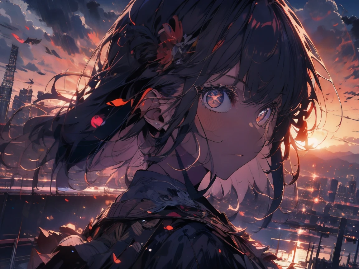 masterpiece, highest quality, High resolution, One girl, alone, bangs， sunset, , Gazing into the distance，hill、cloud、Long Hair、woman、The wind is blowing、Wide sky