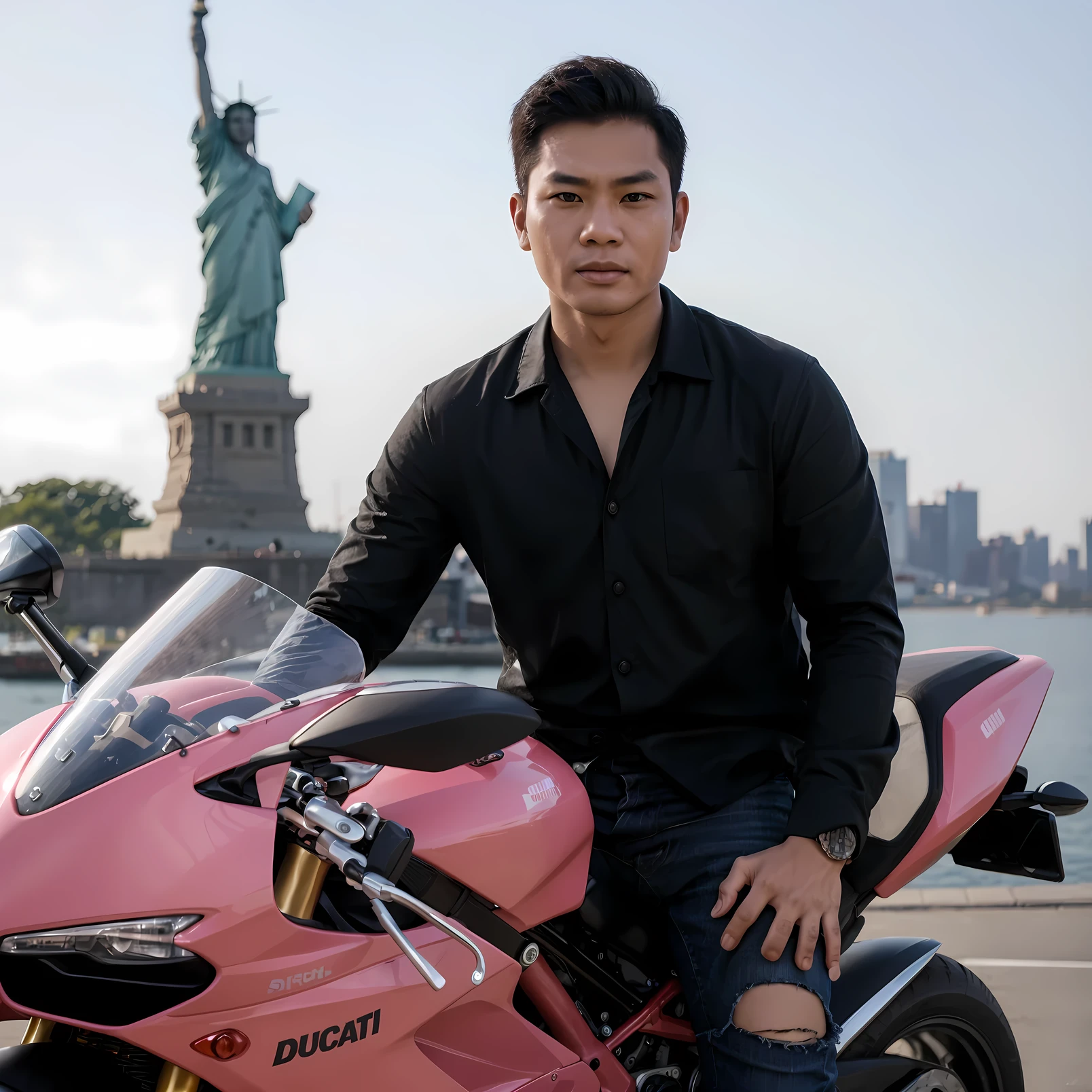 portrait of an Indonesian man with a smooth face, Korean style hair, sitting on a pink Ducati sports motorbike. wearing a black shirt and ripped jeans. clear facial details facing the camera. urban background of the statue of liberty..