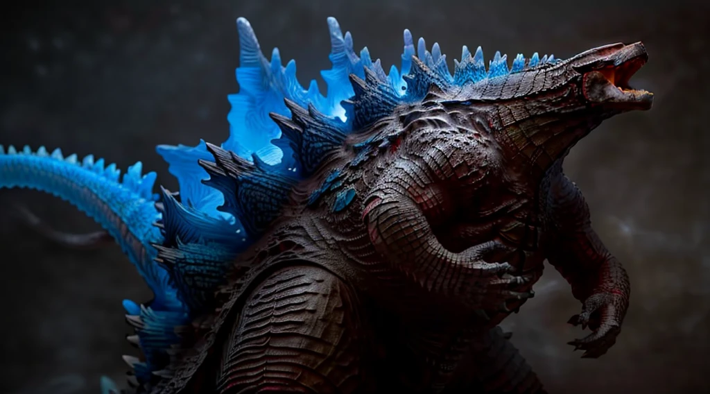 ((highest quality)),((masterpiece)),((High resolution)),((detailed)),Godzillaは海上に腰から上を出している(1.6), (The dorsal fin glows blue(1.7)), ((Glowing blue smoke coming from a wide open mouth(1.9))),Today is a sunny day, No humans, ((Godzilla-1.0(1.5))), Japanese monster(1.9), kaijū(1.9), translation, monster,Godzilla, whole body, Red eyes,(Godzillaは瞳がある(1.6)), ((Japanese Monsters(1.9))).Long yellow spines, ((Long Tail(1.9))), Open your mouth,Lift your head,Roaring, Growl, From the side, in the sea,island,