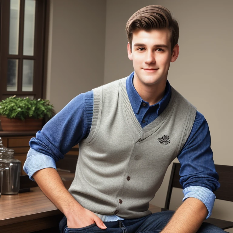 high quality, twenty year old caucasian man, very short trimmed dark brown hair, 1990s designer sweater vest, photorealistic, realistic, photorealism, indoor, photo studio, natural light