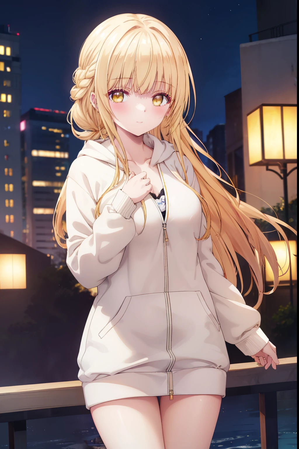 Mahiru shiina, , blonde, (Yellow Eyes:1.3)、Braided long hair,,blush,smile,night、Beautiful views, Attractive thighs、Beautiful bare legs, Naked with a sexy hoodie、Seduce by showing off your breasts、The chest is open、Full chest、I can see your chest、I can see your Pantastar piece.:1.2), highest quality, High resolution, unity 8k wallpaper, (shape:0.8), (Beautiful and beautiful eyes:1.6), Highly detailed face, Perfect lighting, Highly detailed CG, (Perfect hands, Perfect Anatomy),