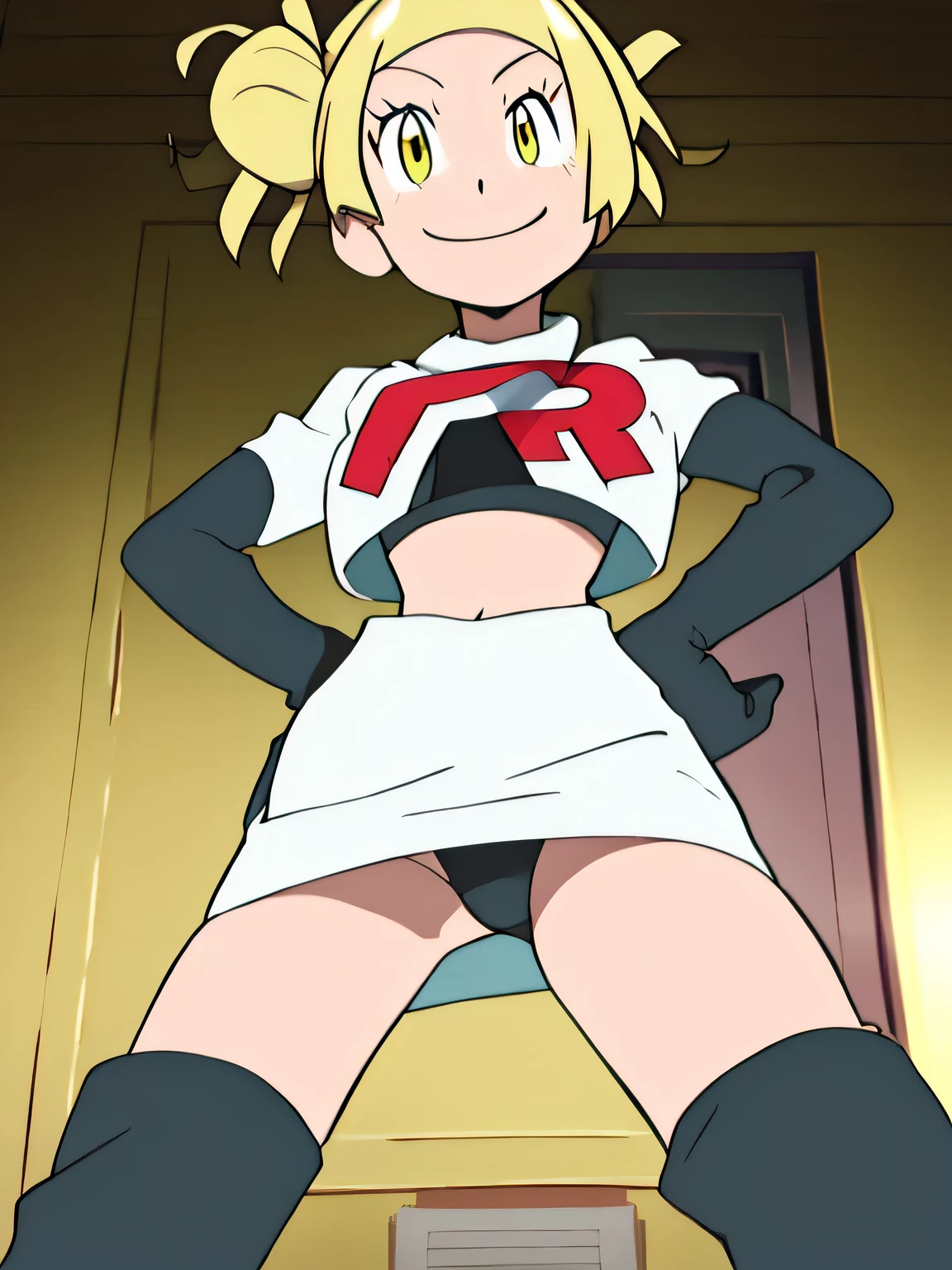 masterpiece,best quality,high res,high quality,8k, masterpiece,highres, team rocket uniform, red letter r, white skirt,white crop top,black thigh-high boots, black elbow gloves, evil smile, looking down at viewer, hands on hips, cowboy shot, zettai ryouiki,spread legs,from below, black panties,anime style, vivid colors, sharp focus, intense lighting,TogaHimiko_NDV, 1girl, yellow eyes, blonde hair, large breasts, short hair, double bun, hair bun, messy hai