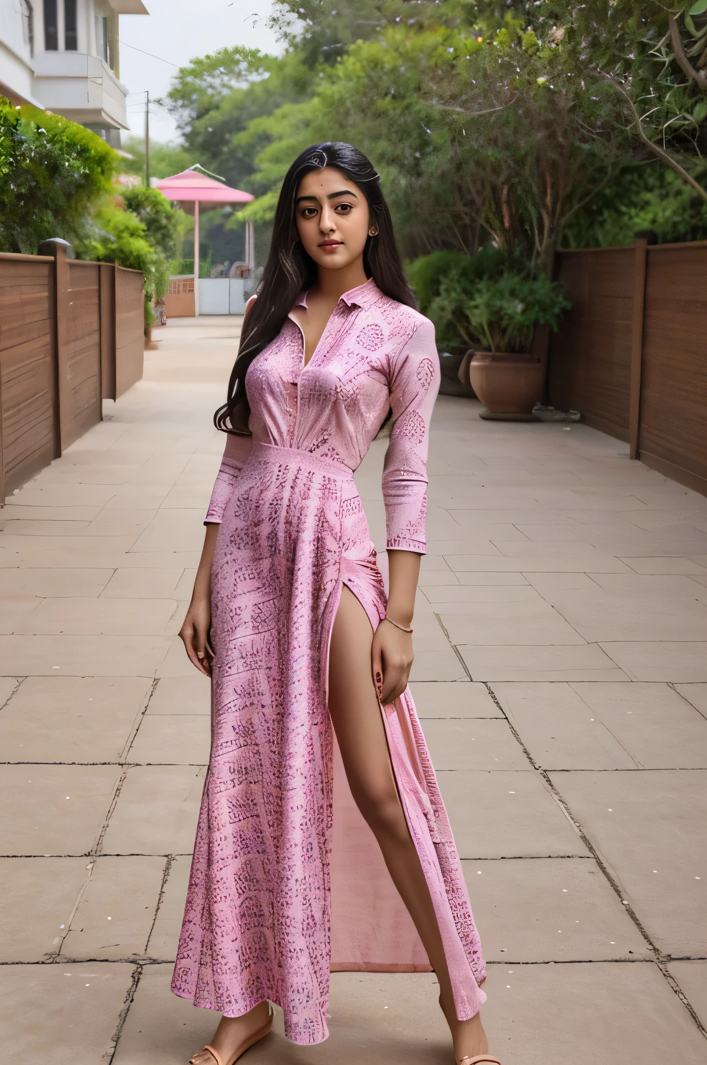 21 yo Indian women Ananya Pandey wearing Ethnic Maxi Dress ( pink printed), cute pose , looking George's figure view perfect anatomy realistic realism,4x ultra sharp 4k