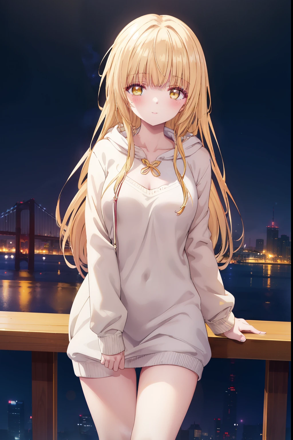 Mahiru shiina, , blonde, (Yellow Eyes:1.3)、Braided long hair,,blush,smile,night、Beautiful views, Attractive thighs、Beautiful bare legs, Naked with a sexy hoodie、Seduce by showing off your breasts、The chest is open、Full chest、I can see your chest、I can see your Pantastar piece.:1.2), highest quality, High resolution, unity 8k wallpaper, (shape:0.8), (Beautiful and beautiful eyes:1.6), Highly detailed face, Perfect lighting, Highly detailed CG, (Perfect hands, Perfect Anatomy),