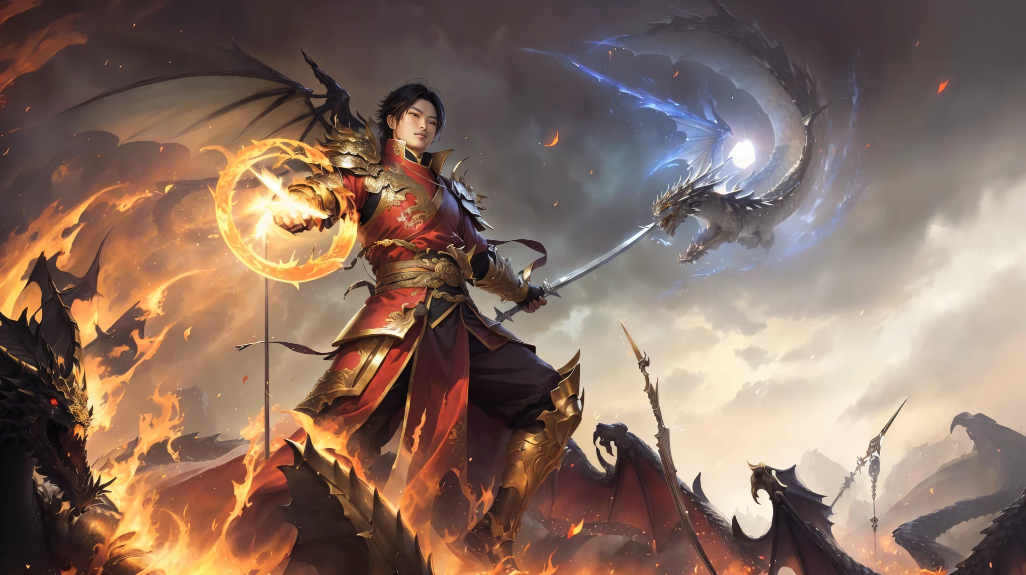 Man with wings on flame background, Holding the Dragon Slaying Sword:Yang Jie, I'm going, Official ink art, World of Warcraft ink art, Heroes of the Storm Splash Art, Trendin on artstation, Character ink art, Korean multiplayer online games, goddess of anger, Archangel, 2. 5d cgi anime fantasy artwork, female protagonist