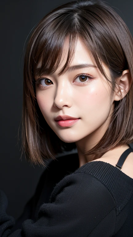 (((Close-up of face)))、(((Absolutely shoulder-length brown straight short bob)))、(((She is posing like a hair salon model, with a black wall indoors as the background.)))、(((Casual black winter long sleeves with shoulders covered)))、Half Japanese, half Korean、18 year old girl、Standing Alone、Looking forward、Light eye makeup、Brown Hair Color、Flat and 、Hair blowing in the wind、Actress Quality、Glossy, ultra-realistic face、Smiling face、Watery eyes、Gazing Up、Subtle lighting effects、 Ultra-Realistic Capture、Very detailed、High resolution 16K close up of human skin。Skin texture must be natural、The details must be such that pores can be clearly seen、The skin is healthy、Uniform tone、Use natural light and colors、A worn-out, high-quality photo taken by a model agency&#39;s in-house photographer.、smile、(((SIGMA 300 mm F/1.4,1/1000 sec shutter,ISO 400))) 