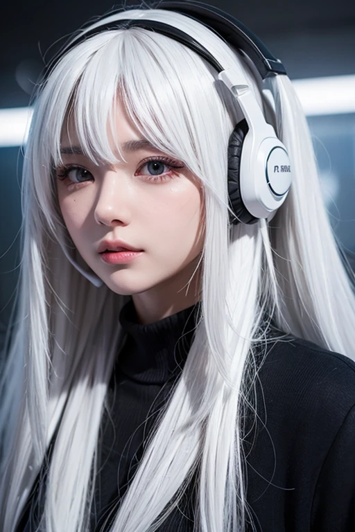 White Hair, black eye, anime, Facing forward, headset, game, long hair