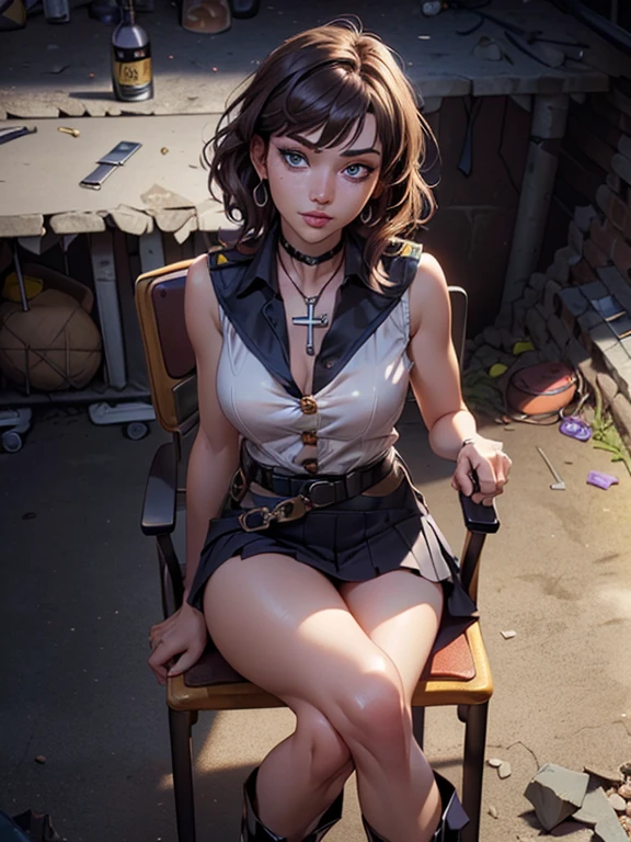 (masterpiece: 1.3), (Maximum resolution: 1.2), (Ultra HDTV: 1.2), Cinema Lighting, Ultra HDTV, (Detailed eyes and skin), (Detailed facial features), High resolution, 8k resolution, Sharp focus: 1.2, Perfect Style, Beautiful Face, Accurate, Anatomically correct, Highly detailed face and skin texture, fine grain, Dark blue eyes, double eyelid, Thin eyebrows, Glitter Eyeliner: 1.2, Natural Cheeks, Glowing Skin, Fair skin: 1.2, Shiny little necklace and earrings, (Glossy Lips: 1.4), break, First Person View,((Extremely drunk:1.5))(She is a policewoman), (((Black watches on both wrists))),(((Wear a sleeveless button-up shirt, Ultra mini skirt, Shiny Police Belt,To the Navy, short boots))), (((Exposing your thighs))),(Captivating smile: 1.2), (look at me), ((Pure and cute girl:1.2)), (Layered Hairstyles, Wavy Hair, Light brown hair, Diagonal bangs), Medium Long Hair, (Full Body Shot: 1.2), Focus on the face, ((Very close relationship: 1.2)), (Medium large breasts), (((Dark basement: 1.6))), ((sit cross-legged on a chair:1.4)), from before,
