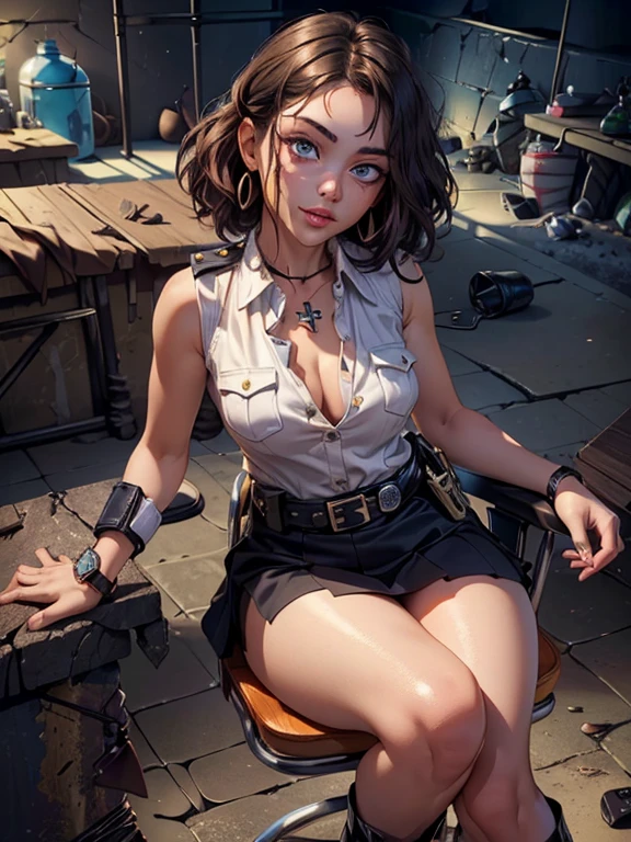 (masterpiece: 1.3), (Maximum resolution: 1.2), (Ultra HDTV: 1.2), Cinema Lighting, Ultra HDTV, (Detailed eyes and skin), (Detailed facial features), High resolution, 8k resolution, Sharp focus: 1.2, Perfect Style, Beautiful Face, Accurate, Anatomically correct, Highly detailed face and skin texture, fine grain, Dark blue eyes, double eyelid, Thin eyebrows, Glitter Eyeliner: 1.2, Natural Cheeks, Glowing Skin, Fair skin: 1.2, Shiny little necklace and earrings, (Glossy Lips: 1.4), break, First Person View,((Extremely drunk:1.5))(She is a policewoman), (((Black watches on both wrists))),(((Wear a sleeveless button-up shirt, Ultra mini skirt, Shiny Police Belt,To the Navy, short boots))), (((Exposing your thighs))),(Captivating smile: 1.2), (look at me), ((Pure and cute girl:1.2)), (Layered Hairstyles, Wavy Hair, Light brown hair, Diagonal bangs), Medium Long Hair, (Full Body Shot: 1.2), Focus on the face, ((Very close relationship: 1.2)), (Medium large breasts), (((Dark basement: 1.6))), ((sit cross-legged on a chair:1.4)), from before,