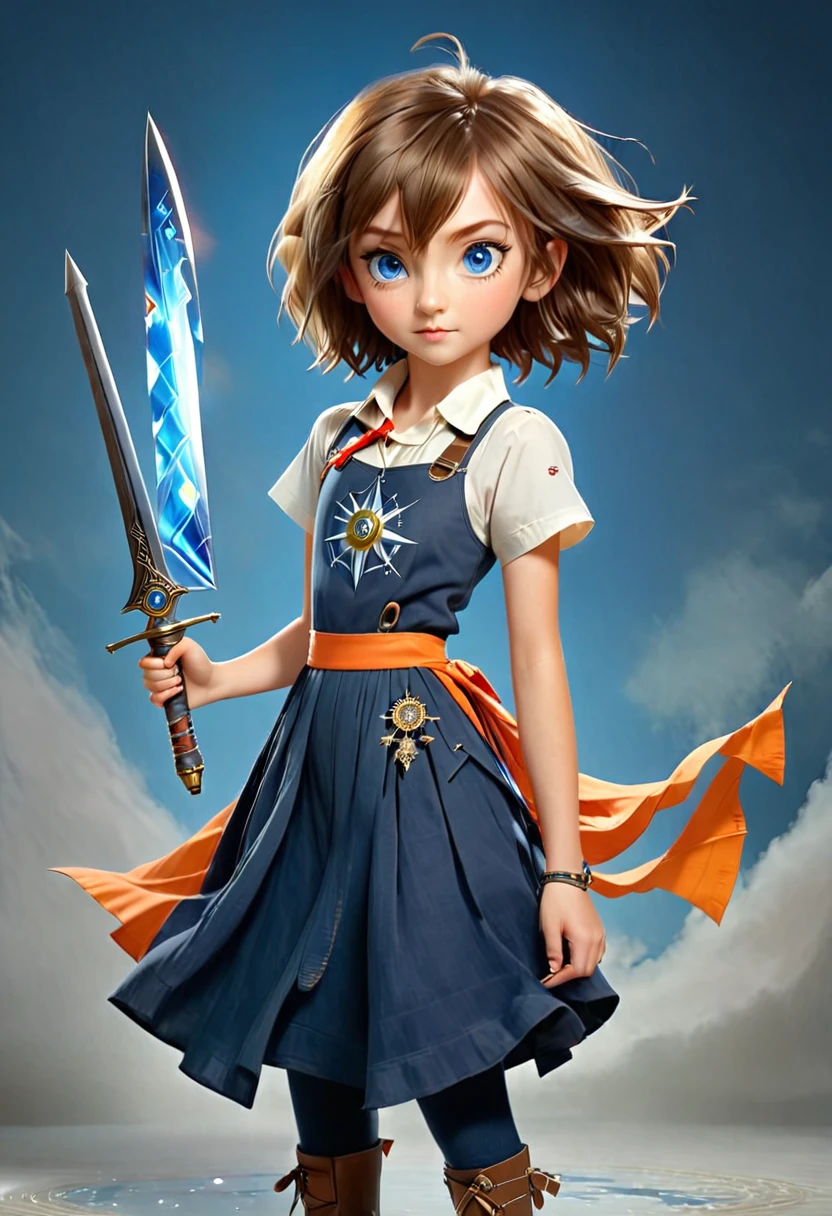 (((holding a silver compass)) is a girl with blue eyes. Wispy gold-brown bob with side-styled bangs.Wearing a navy blue Skirt-romper next to ((a boy holding a sword))with spikes brown hair. dark-blue eyes. Wearing a white scarf around his neck. Orange laid shirt. red suspenders attached to long puffy black jeans