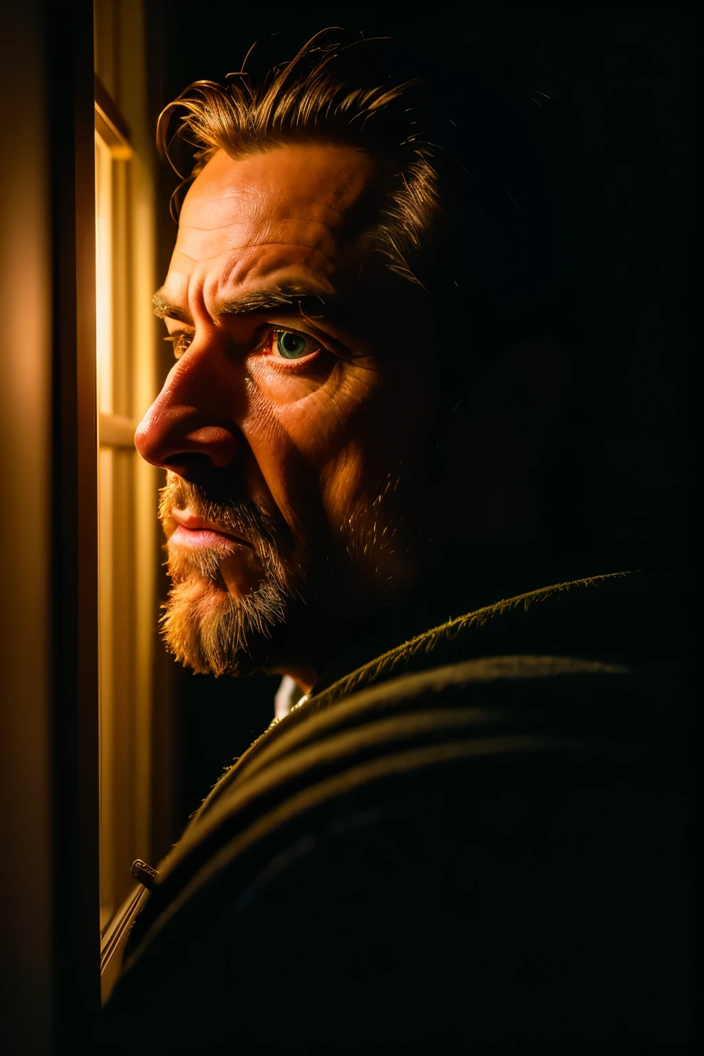 ((highest quality)), ((masterpiece)), (detailed), A detailed image of a man being scared in the dark during the night, taken with a cinematic camera, using portrait with cinematic lighting --ar 9:16 --s 1000 --v 6