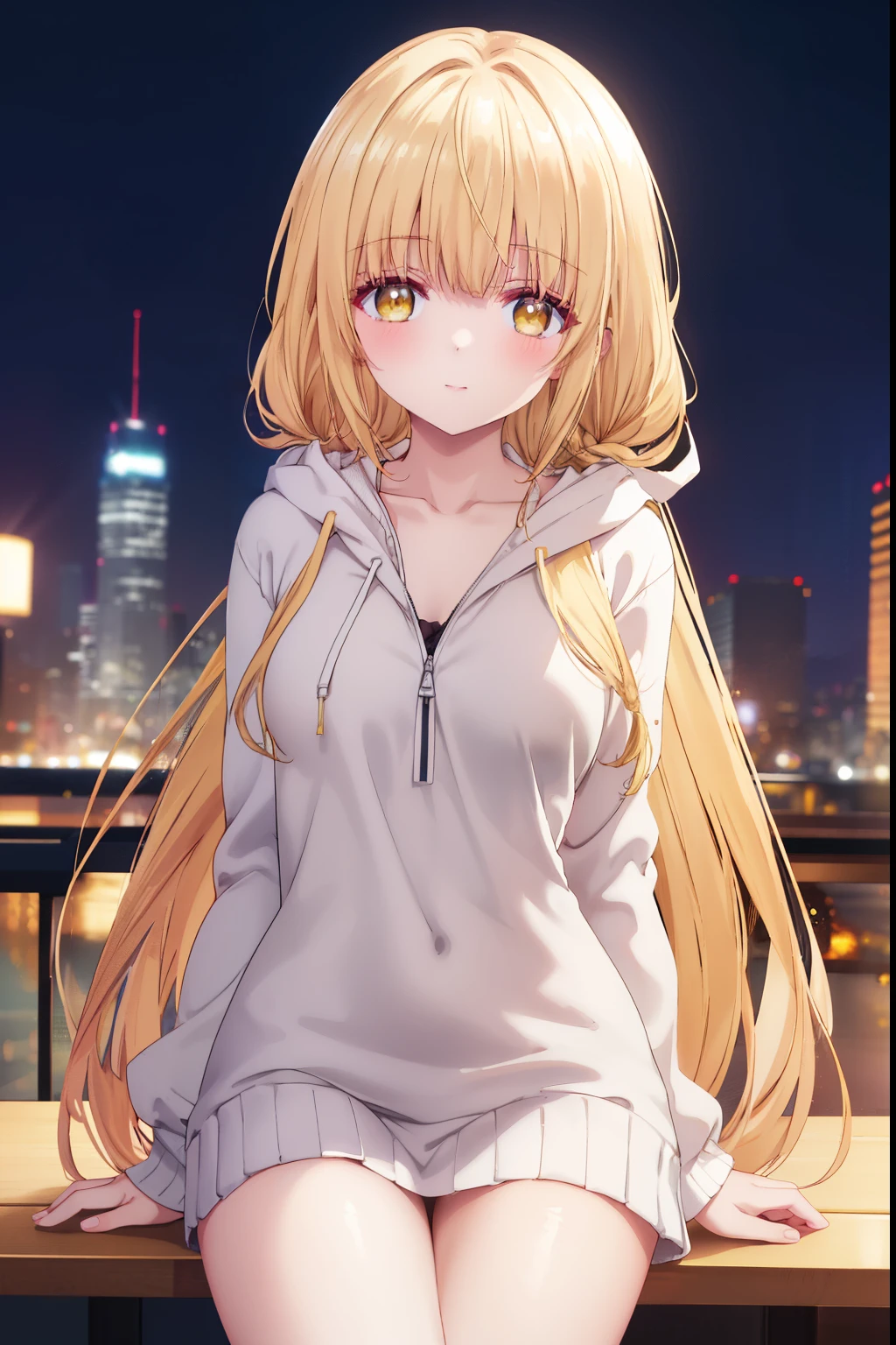 Mahiru shiina, , blonde, (Yellow Eyes:1.3)、Braided long hair,,blush,smile,night、Beautiful views, Attractive thighs、Beautiful bare legs, Naked with a sexy hoodie、Seduce by showing off your breasts、The chest is open、Full chest、I can see your chest、Her zipper is open and her chest is visible、I can see your Pantastar piece.:1.2), highest quality, High resolution, unity 8k wallpaper, (shape:0.8), (Beautiful and beautiful eyes:1.6), Highly detailed face, Perfect lighting, Highly detailed CG, (Perfect hands, Perfect Anatomy),